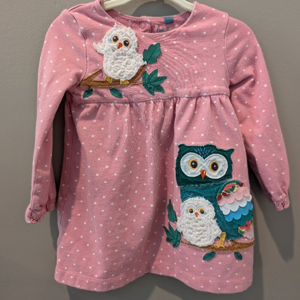 Baby Boden Spotty Appliqué Jersey Dress In Formica Pink Owls, 6-9M
